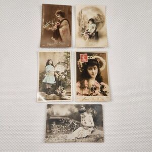 Antique RPPC Postcard Lot 5 Victorian Hand Colorized Girls Flowers French